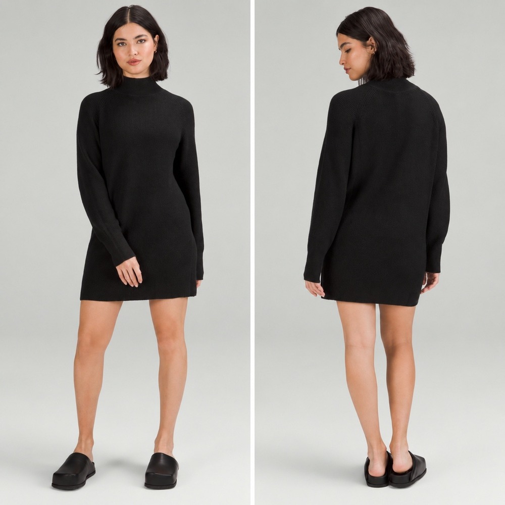 Lululemon Merino Wool Blend Mock Neck Knit Sweater Dress Black Size 6 LW1DZLS